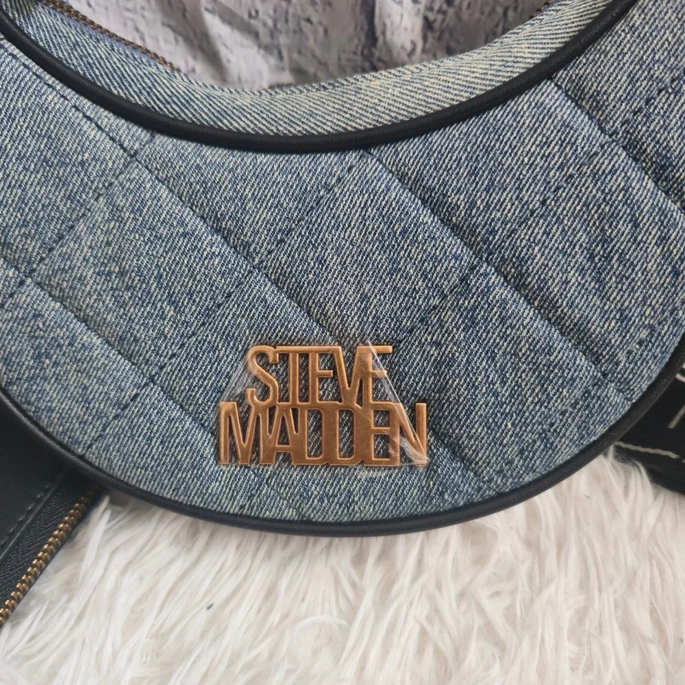 Steve Madden Blue Quilted Denim Crescent Shoulder Bag With Coin Purse Logo Strap